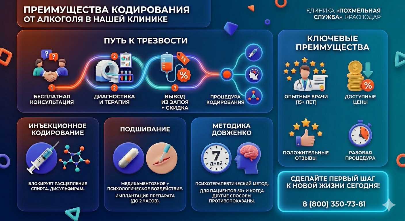Инфографика о методах кодирования от алкоголя в ВАО Москвы: инъекции, подшивание, метод Довженко. Преимущества клиники и этапы лечения.