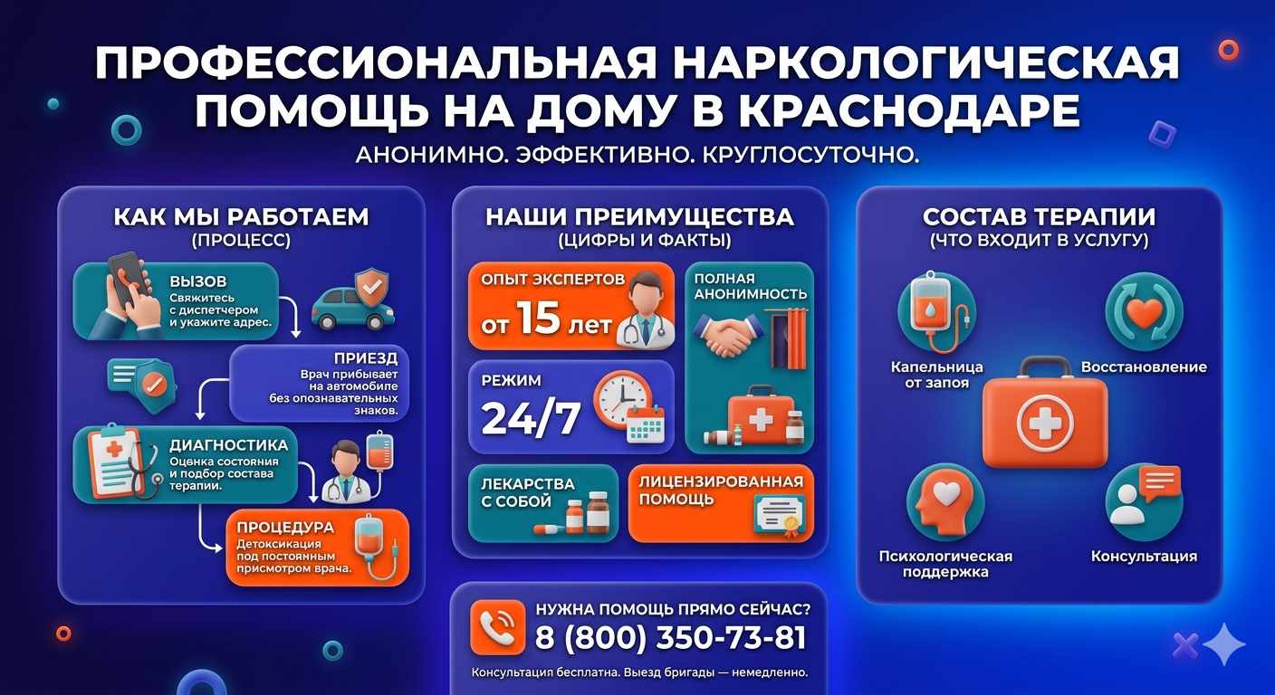 Инфографика о принципах лечения алкоголизма на дому в ВАО Москвы: этапы вызова нарколога, преимущества анонимной детоксикации и состав медицинской помощи.